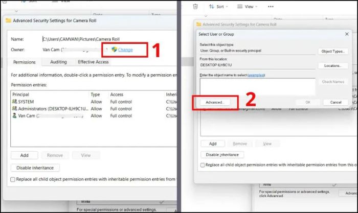 Tại cửa sổ Select user or group, chọn Advanced