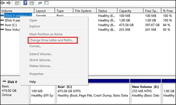 Nhấp chuột phải vào ổ cứng thứ 2 và chọn mục Change Drive Letter and Paths
