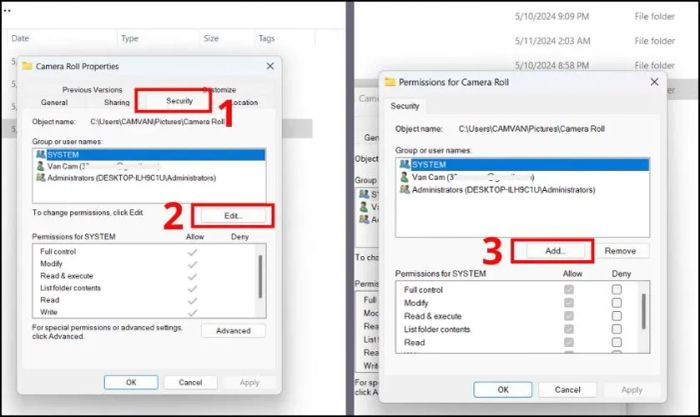 Chọn tab Security và nhấn vào Edit, sau đó nhấn vào nút Add
