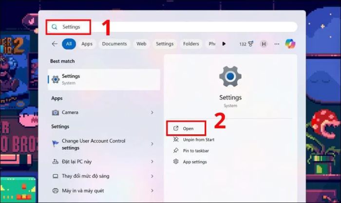 Mở Start Menu và gõ Settings, rồi nhấn vào Open hoặc biểu tượng bánh răng cưa