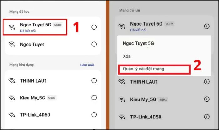 Giữ lâu trên mạng Wi-Fi rồi chọn Quản lý cài đặt mạng