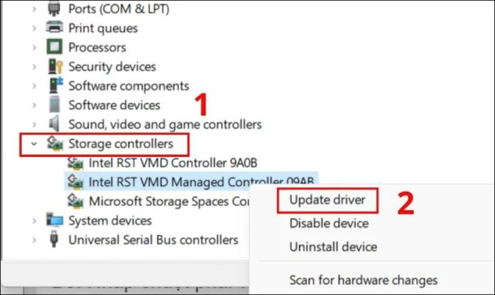 Nhấn chuột phải vào driver ổ cứng hiện tại và chọn Update driver