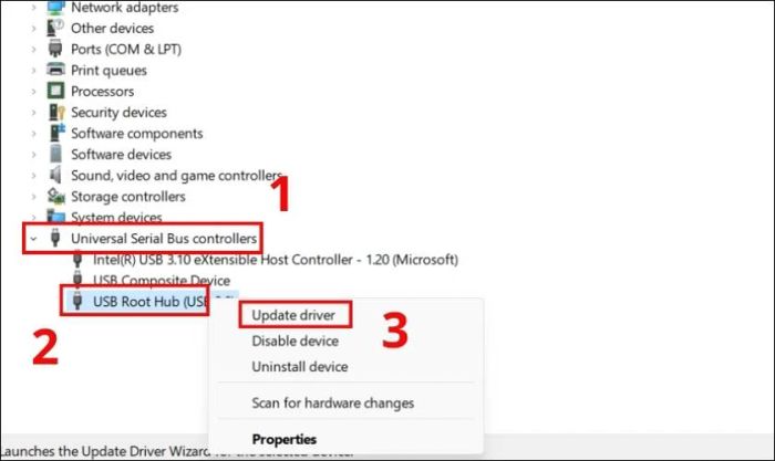 Nhấn chuột phải vào mục USB Root Hub (USB3.0) và chọn Update Driver