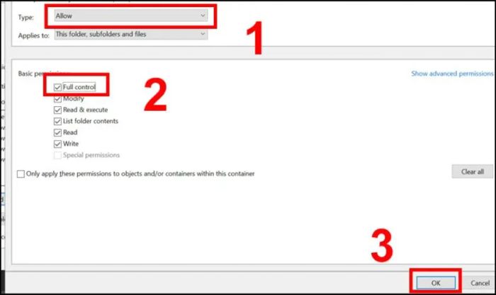 Nhấn OK để lưu thao tác và khôi phục quyền truy cập ổ cứng Win 10