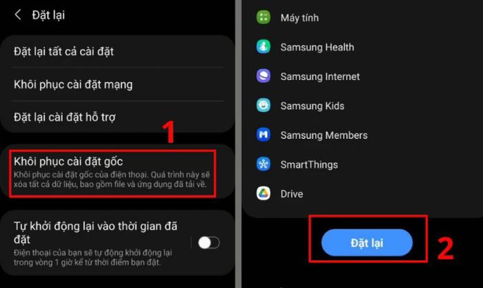 Chọn Khôi phục cài đặt gốc và nhấn Đặt lại