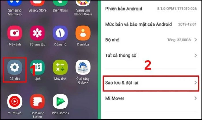 Chọn mục Sao lưu và đặt lại trong phần Giới thiệu điện thoại để tiếp tục quá trình khôi phục cài đặt gốc.