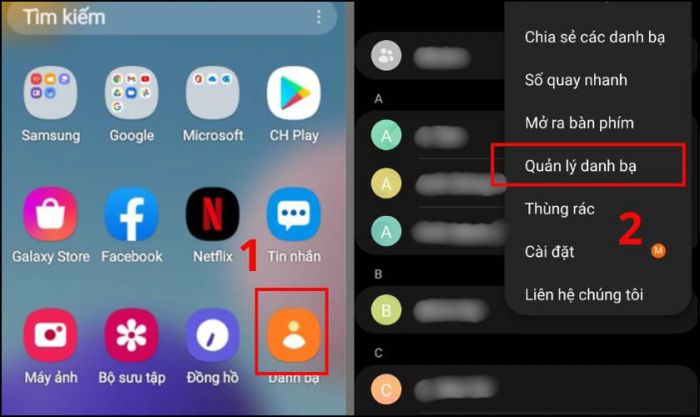 Chọn mục Quản lý danh bạ trong ứng dụng Danh bạ