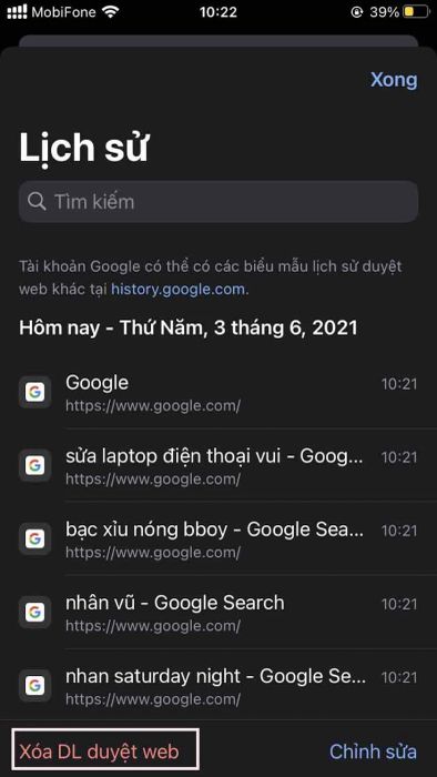 Xóa dữ liệu duyệt web