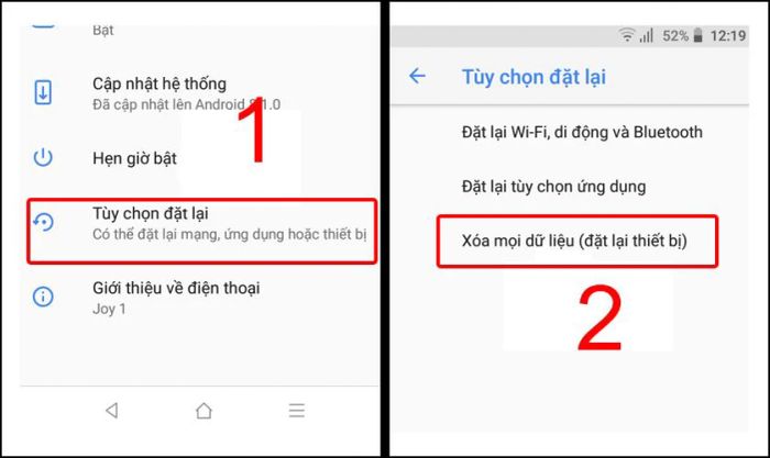 Chọn mục Tùy chọn đặt lại rồi nhấn vào Xóa mọi dữ liệu để hoàn tất