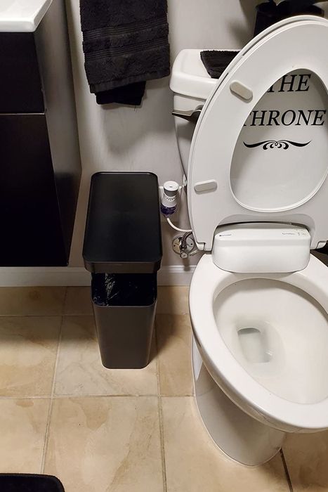 the black trash can placed next to a toilet