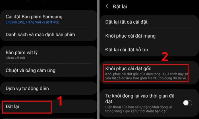 Chọn Đặt lại và chọn Khôi phục cài đặt gốc để sửa lỗi mất danh bạ trên Samsung