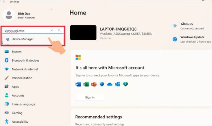 Mở cài đặt để cập nhật Driver cho laptop