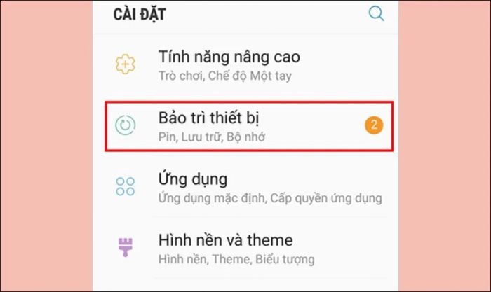 Tìm và chọn vào mục Bảo trì thiết bị