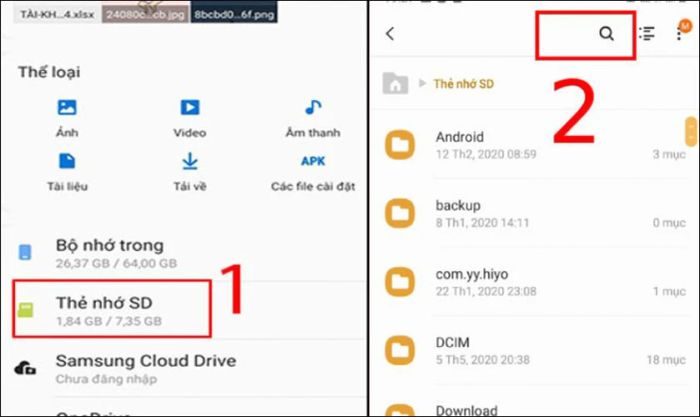 Truy cập vào mục Quản lý File (File của bạn) và chọn bộ nhớ trong/thẻ nhớ SD