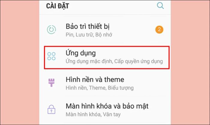 Tìm và chọn vào mục Ứng dụng