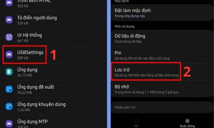 Chọn USBSettings và nhấn vào Lưu trữ
