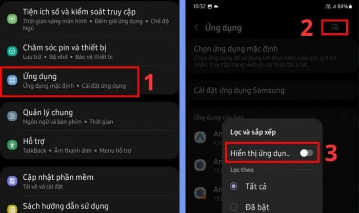 Chọn ký tự ba vạch và bật Hiển thị ứng dụng trong phần Cài đặt