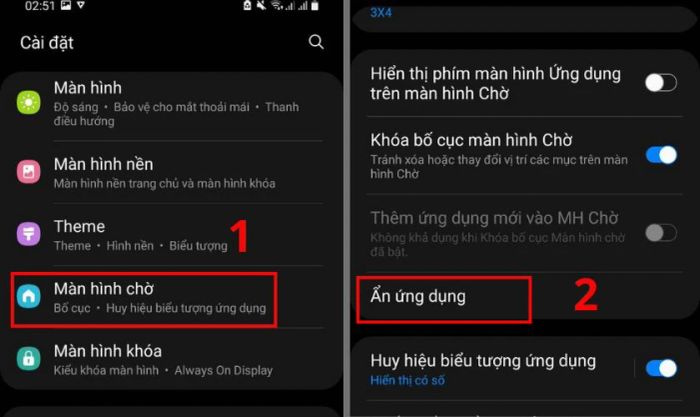 Chọn Màn hình chờ, sau đó tìm và chọn Ẩn ứng dụng trong mục Cài đặt