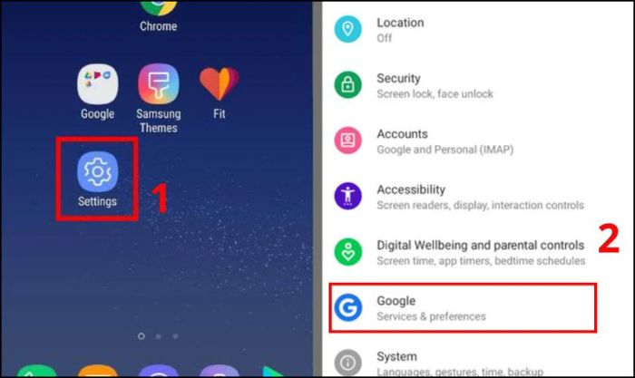 Vào ứng dụng Cài đặt và chọn mục Google