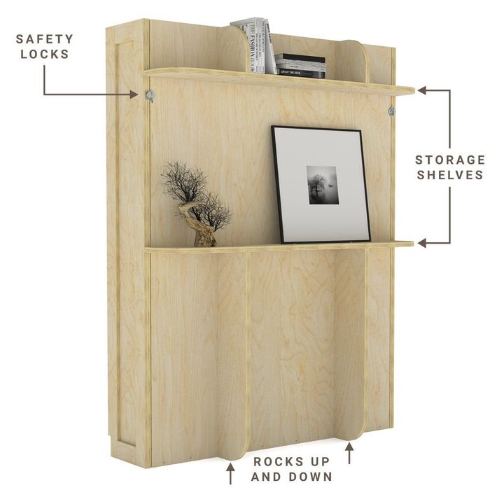 An upright Murphy bed with safety locks and integrated storage shelves