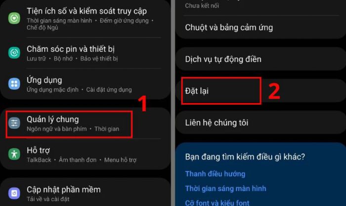 Chọn mục Quản lý chung trong Cài đặt rồi tiếp tục chọn Đặt lại