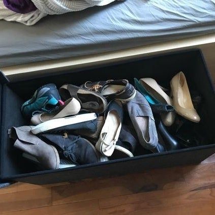 A reviewer's bench used for shoe storage