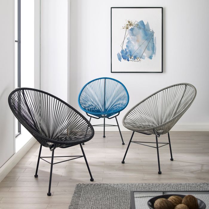Image of three chairs in black, gray, and blue