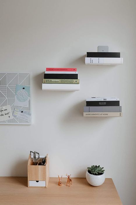 Three floating shelves neatly arranged above a desk