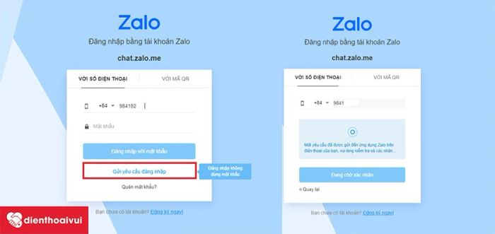 Để đăng nhập vào Zalo Web trên PC - chat.zalo.me, bạn có thể chọn cách gửi yêu cầu đăng nhập.