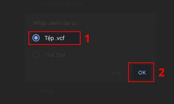 Chọn file danh bạ có định dạng “.vcf” và nhấn OK để khôi phục danh bạ trên Samsung