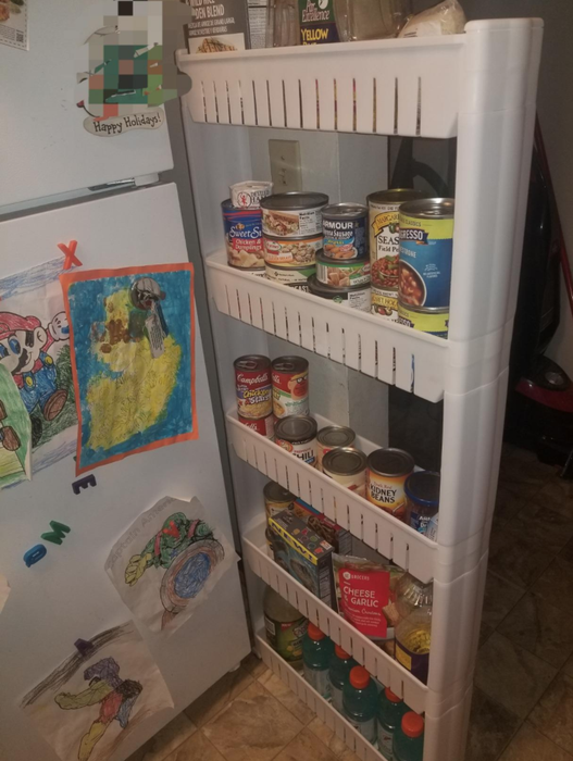 A reviewer's shelf filled with canned goods