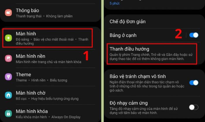 Chọn Màn hình trong Cài đặt và sau đó chọn Thanh điều hướng