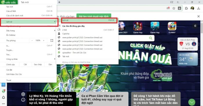 Xóa lịch sử tìm kiếm Google trên trình duyệt Cốc Cốc