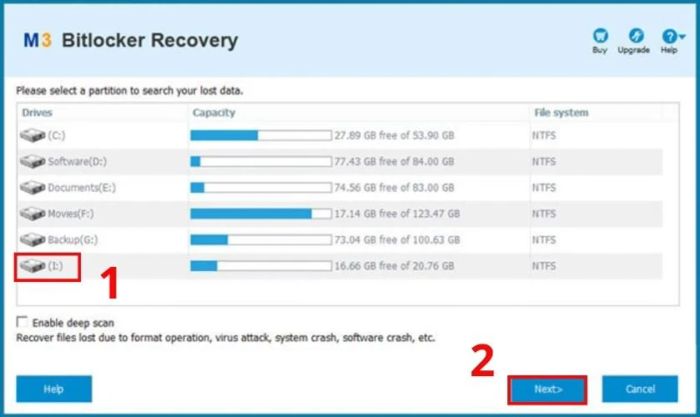 Chọn ổ đĩa bị khóa bởi BitLocker và nhấn Next để tiếp tục