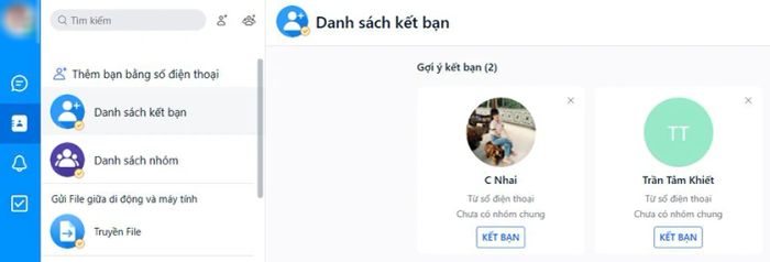Kết bạn từ danh sách gợi ý