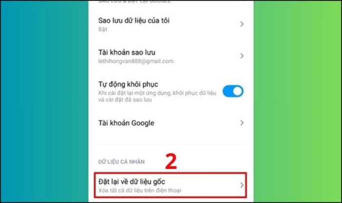 Nhấn chọn mục Đặt lại về dữ liệu gốc để tiếp tục quá trình khôi phục cài đặt gốc.