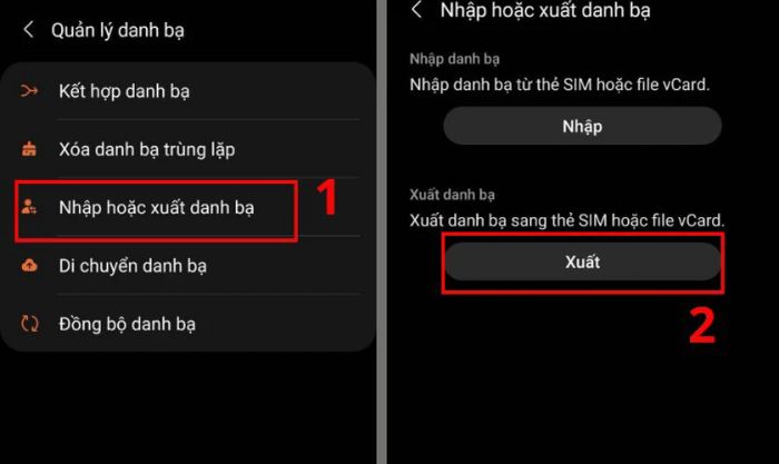 Chọn mục Nhập hoặc Xuất danh bạ và bấm Xuất