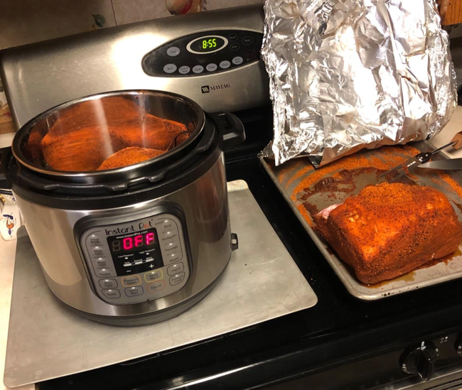A reviewer's photo showing food being prepared inside the Instant Pot