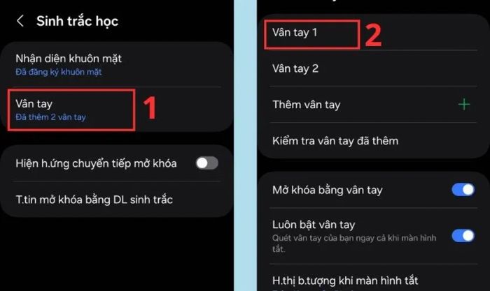 Chọn mục Vân tay và xác định vân tay cần xóa