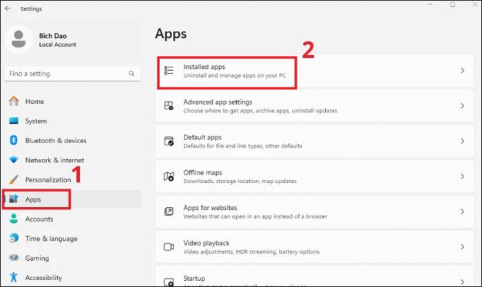 Nhấn chọn vào mục Installed Apps