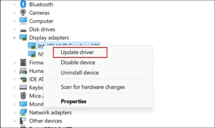 Chọn Update driver để cài đặt phiên bản driver mới nhất