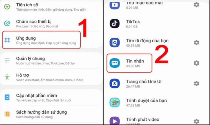 Vào mục cài đặt để cấp quyền truy cập tin nhắn SMS trên Samsung