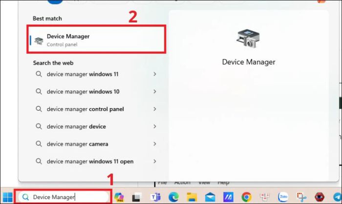 Nhấn vào biểu tượng Tìm kiếm và nhập Device Manager, rồi chọn vào Device Manager
