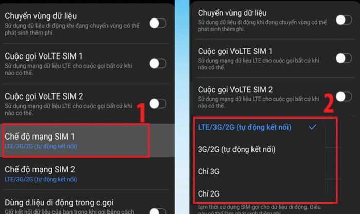 Chọn Chế độ mạng SIM 1 hoặc Chế độ mạng SIM 2
