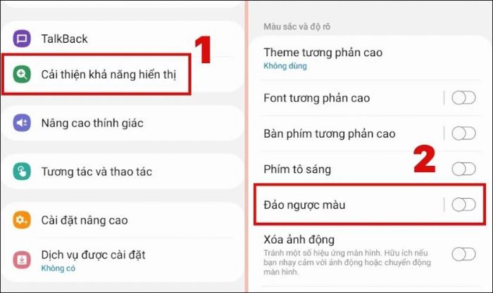 Chọn Cải thiện khả năng hiển thị và tắt tính năng Đảo ngược màu