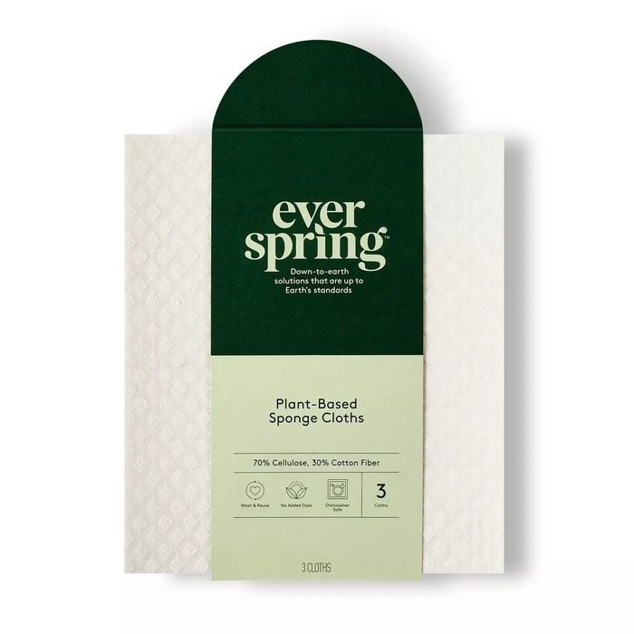 Everspring plant-based sponge cloth packaging that highlights eco-friendly materials: 70% cellulose, 30% cotton fiber, set of 3