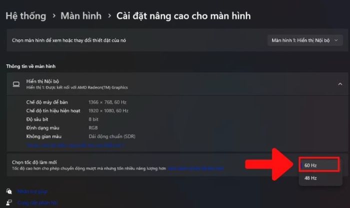 Chọn tần số 60Hz để khắc phục lỗi giật màn hình laptop