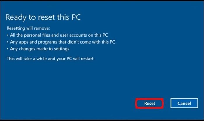 Nhấn Reset để khởi động lại quá trình cài đặt Windows