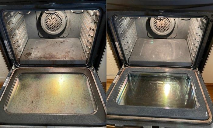 A side-by-side before-and-after shot of an oven, highlighting the dramatic change from grimy to gleaming surfaces