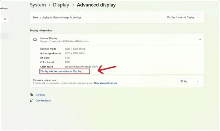 Nhấp vào dòng Display adapter properties for Display 1
